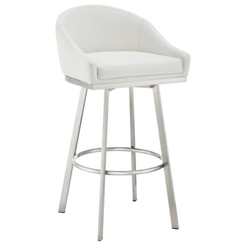 Noran Swivel Counter Stool in Brushed Stainless Steel with White Faux Leather