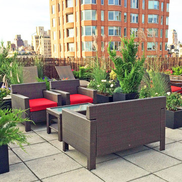 Upper East Side NYC Roof Deck - Wicker Furniture, Container Plants, Grasses