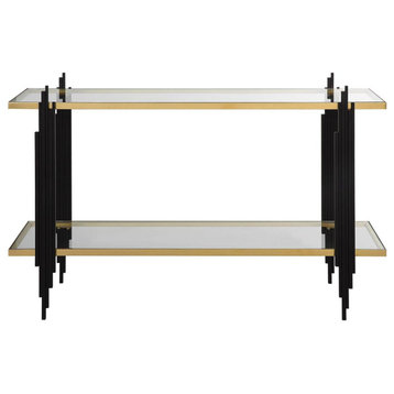 Empire Console Table, Gold Leaf and Matte Black with Clear Glass