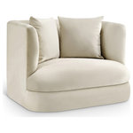 Meridian Furniture - Alder Upholstered Chair, Cream, Velvet, Accent Chair - The Alder cream velvet upholstered accent chair is an invitation to relax. Its rounded silhouette and soft velvet upholstery create a cozy and inviting space, perfect for curling up with a good book or simply unwinding after a long day. Whether you're entertaining guests or enjoying a quiet moment alone, this accent chair is the perfect balance of elegance and comfort.