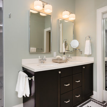 Double Border Tiled Floor in Master Bathroom with Double Vanity