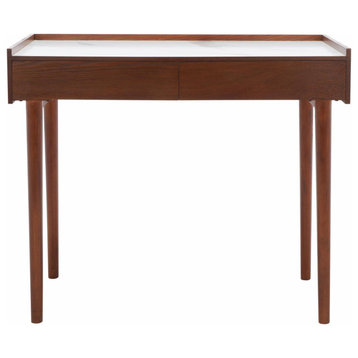 Mid Century Desk, Tapered Legs & 2 Spacious Storage Drawers, Faux Marble/Brown