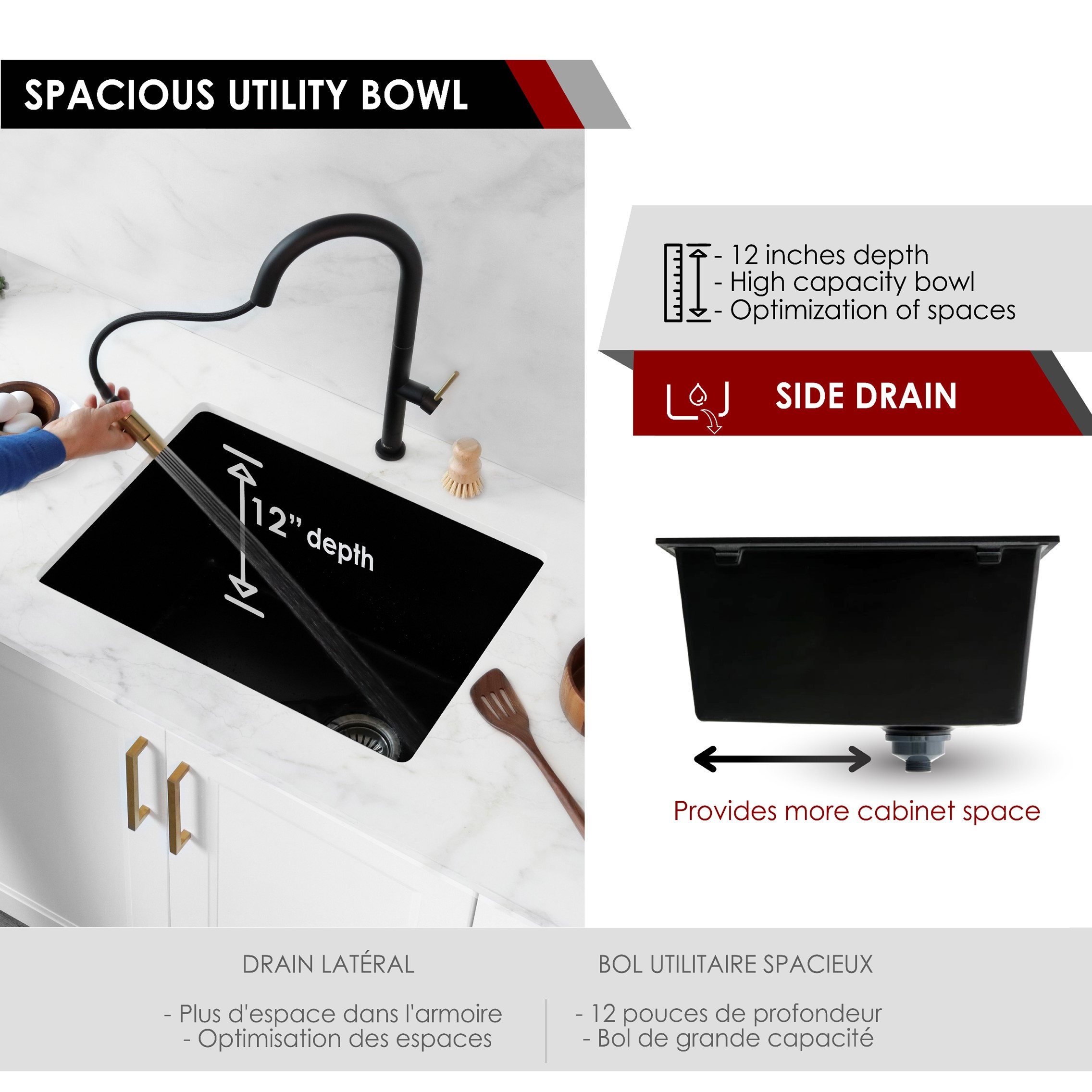 25 inch Dual Mount Single Bowl Black Granite Laundry Sink S-825N