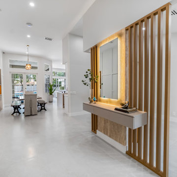 Integrated Workstation Framed by Slatted Divider Wall