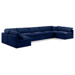 Meridian Furniture - Indulge Upholstered Modular U-Shaped Sectional, Navy, 7-Piece: 5 Armless Chair, 2 Corner Chair, Down Stuffed Velvet - Experience ultimate comfort and style with our navy velvet Indulge Sectional. The luxurious velvet will elevate the aesthetic of any room. This sofa provides ample space for you to relax while its modular build offers the option of unlimited configurations. Whether you're looking to add a stylish element to your living room or a comfortable seating option to your bedroom, this sofa is the perfect choice.