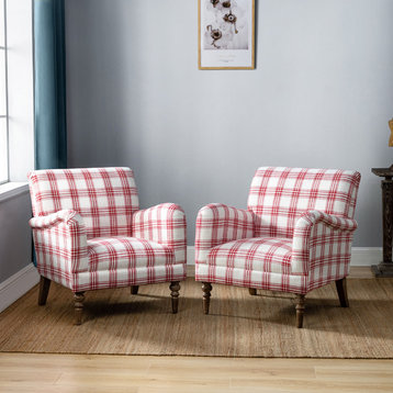 Upholstered Amchair With Plaid Pattern Set of 2, Red