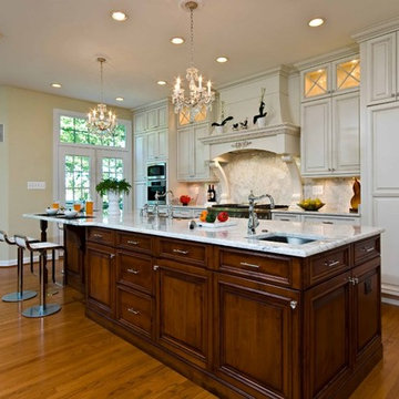 Traditional, Elegant  Kitchen Uses Exotic Stone, Leaded Glass and More