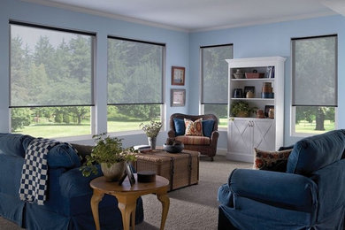 Inspiration for a mid-sized transitional formal and enclosed carpeted and beige floor living room remodel in Dallas with blue walls, no fireplace and no tv