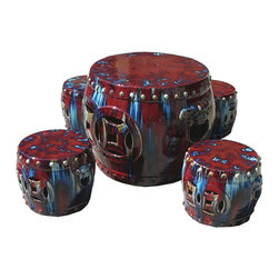 Set/Five Pieces Chinese Clay Multiple Colorful Round Garden Tea Table - Furniture