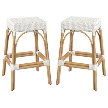 Home Square Rattan Backless Barstool in White Finish - Set of 2