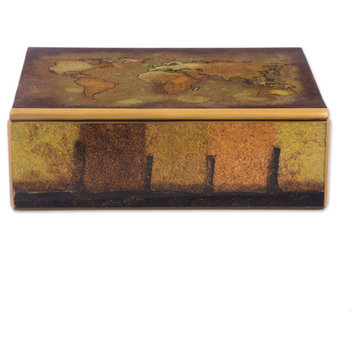 NOVICA Cartographer'S Treasure And Reverse Painted Glass Decorative Box