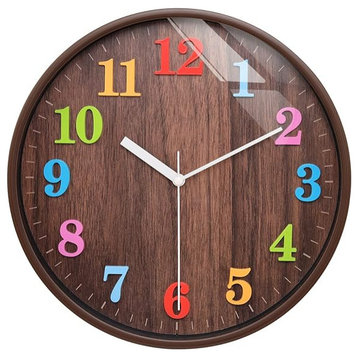 12”Silent Round Wall Clock for Children Non-Ticking Colorful Arabic Numerals