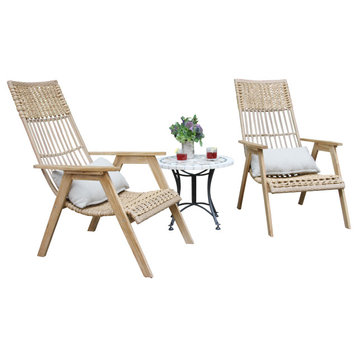 3-Piece Teak Bohemian Basket Lounger Set With Spanish Marble Accent Table