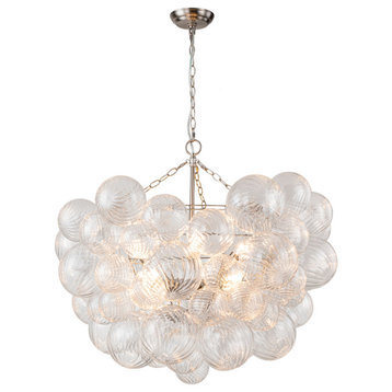 Contemporary Clear Ribbed Bubble Chandelier, Nickel, 8 Lights