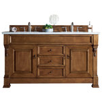 James Martin Vanities - Brookfield 60" Double Vanity, Country Oak w/ 3 CM Arctic Fall Solid Surface Top - The Brookfield 60" Country Oak double vanity by James Martin Vanities features hand carved accenting filigrees and raised panel doors. Two doors on either side open to shelves for storage below. Three center drawers made up of a lower double-height drawer and both middle and top standard drawers, offer additional storage space. Antique brass finish door and drawer pulls. Matching wood backsplash is included. The look is completed with a 3cm eased edge Arctic Fall Solid Surface top with two white porcelain rectangular sinks.