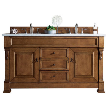 Brookfield 60" Double Vanity, Country Oak w/ 3 CM Arctic Fall Solid Surface Top