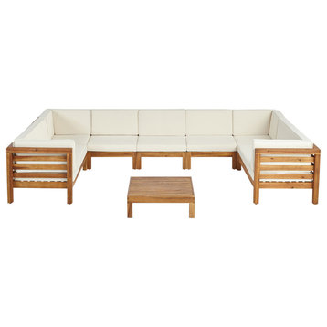 Emma Outdoor 9 Seater Acacia Wood Sectional Sofa Set, Beige