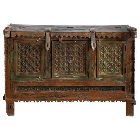 Consigned Antique Damchiya Carved Dowry Chest Accent Bar Table Console 52