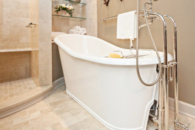 Inspiration for a large transitional master beige tile ceramic tile and beige floor bathroom remodel in New York with a one-piece toilet and beige walls