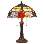 CHLOE Lighting - CHLOE-Lighting SIMONE Floral 2-Light Dark Bronze Table Lamp, 16" Wide - SIMONE, a Floral style 2 light table lamp features 3 gorgeous roses on the front and back of the shade, in purple, peach and red. This piece is handcrafted from over 305 pieces of hand cut, stained art glass and 30 colorful glass beads. Handcrafted using the same techniques that were developed by Louis Comfort Tiffany in the early 1900s, this beautiful Tiffany-style piece contains hand-cut pieces of stained glass, each wrapped in fine copper foil.
