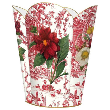 4 Different Red Flowers on Red Toile Wastepaper Basket