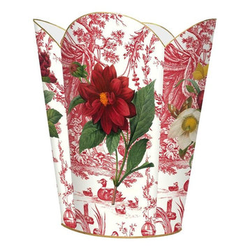 4 Different Red Flowers on Red Toile Wastepaper Basket