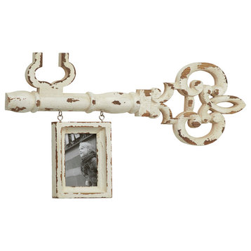 Distressed White Antique Key and Hanging Picture Frame Wall Decor