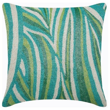 Green Decorative Pillow Cover, Beaded Sea Waves 14"x14" Silk, Cool Maldives