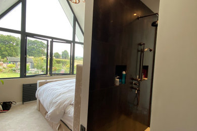 Photo of a contemporary master bedroom in Other with carpet.