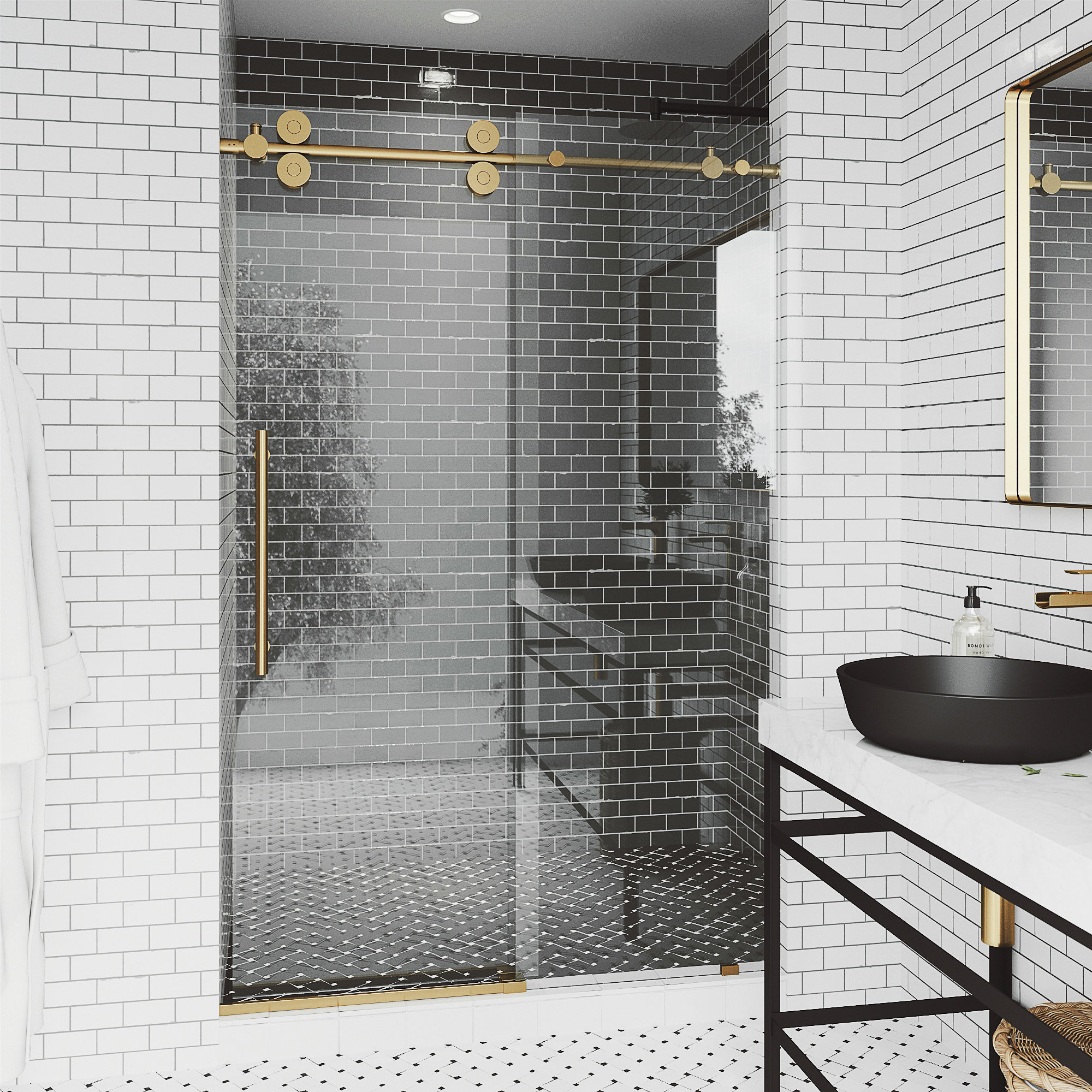 VIGO Elan 60" to 64" W x 74" H Frameless Sliding Shower Door, Matte Gold, Clear Glass