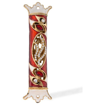 Hand Painted Mezuzah Embellished with a Royal Red Design 24K Gold Plated, 4.5"