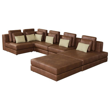 Modern Sectional Sofa, U Shaped Design With Genuine Leather Upholstery, Brown