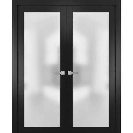 Interior French Double Doors Frosted Glass|Planum 2102 Matte Black-48x80