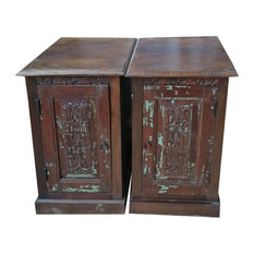 Consigned 2 Antique Side Tables Nightstand Hand Carved Bar Cabinet Rustic Wood