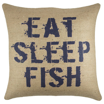 "Eat Sleep Fish" Burlap Pillow, Navy