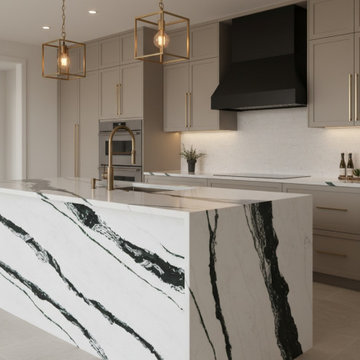 Panda White Waterfall Island Kitchen | Luxury Stone Benchtop Brisbane