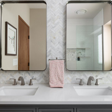 Ensuite Guest Bathroom Marble Mosaics in Chevron & Hex Patterns
