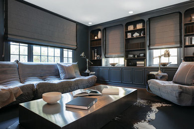 Example of a mid-sized transitional formal and enclosed dark wood floor and brown floor living room design in Seattle with gray walls, no fireplace and no tv