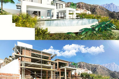 Imagen de fachada de casa blanca moderna grande de dos plantas con revestimientos combinados, tejado a cuatro aguas y tejado de teja de barro