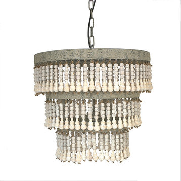 3-Light Tier Round Metal Chandelier With Hanging Wood Beads, Antique White