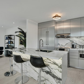 Miami Beach Open Kitchen Remodel with Porcelain Waterfall Island