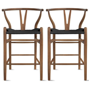 Set of 2 Solid Wood Elbow Counter Stool with Y Back, Woven Black Seat, Espresso
