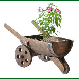 Garden Wagon Planters Antique Flame Burnt Freel Wheel - Outdoor Pots And Planters