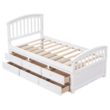 Twin Size Wood Platform Bed with 6 Storage Drawers, White