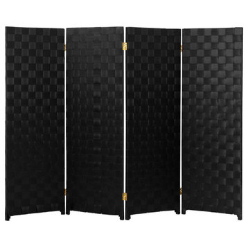 4 ft. Short Woven Fiber Outdoor All Weather Room Divider 4 Panel Black