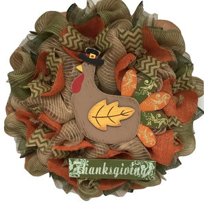 Colorful Wood Thanksgiving Turkey  Burlap Wreath  Deco Mesh