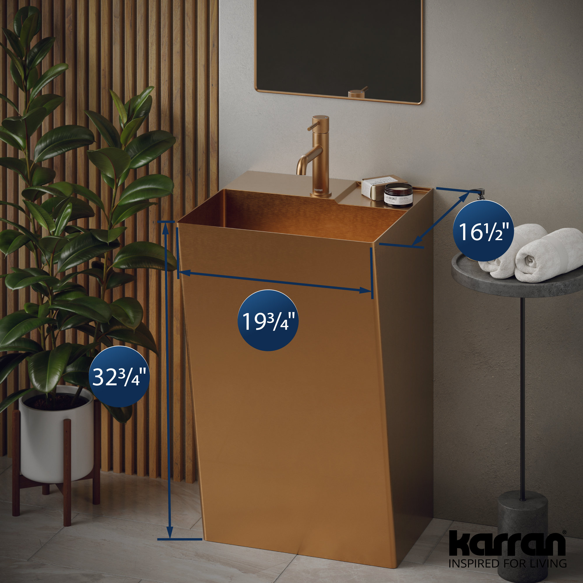 Karran Cinox Stainless Steel Rectangular Pedestal Sink, Brushed Copper