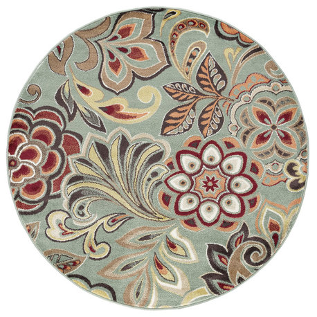 Dilek Transitional Floral Area Rug, Seafoam, 5'3'' Round