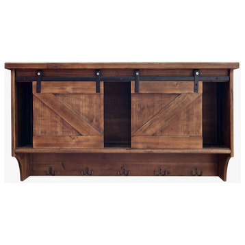 HomeRoots Rustic Wooden Shelf With Barn Door Storage and Hooks