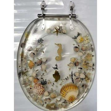 Seashell And Seahorse Resin Toilet Seat, Chrome Hinges, Clear, Elongated
